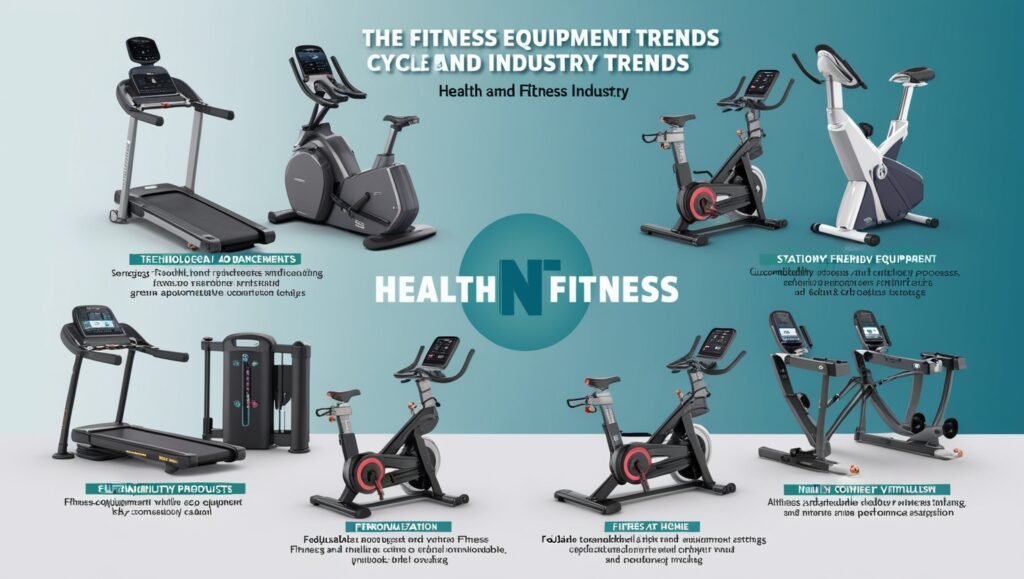  image showcasing Fitness Equipment Life Cycle and Industry Trends, including technological advancements, sustainability, smart equipment, home fitness, and virtual fitness trends, with a 'Health N Fitness' watermark.