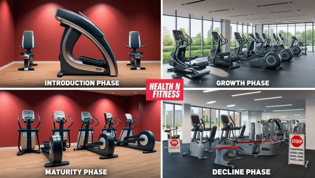 image depicting the Life Cycle of Fitness Equipment stages: Introduction, Growth, Maturity, and Decline with a watermark of 'Health N Fitness'