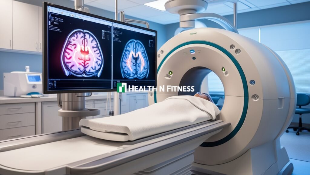 Image of "Access to Neurological Care for Epilepsy Patients" showing Advanced imaging techniques, such as fMRI and PET scans, being used for diagnosing epilepsy, with brain activity highlighted on the monitor.