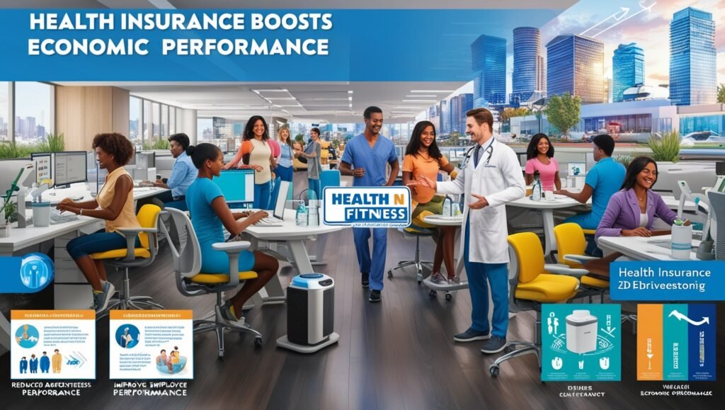 depiction of how health insurance boosts economic performance by enhancing productivity, featuring healthy employees, medical support, and "Health N Fitness" watermark.