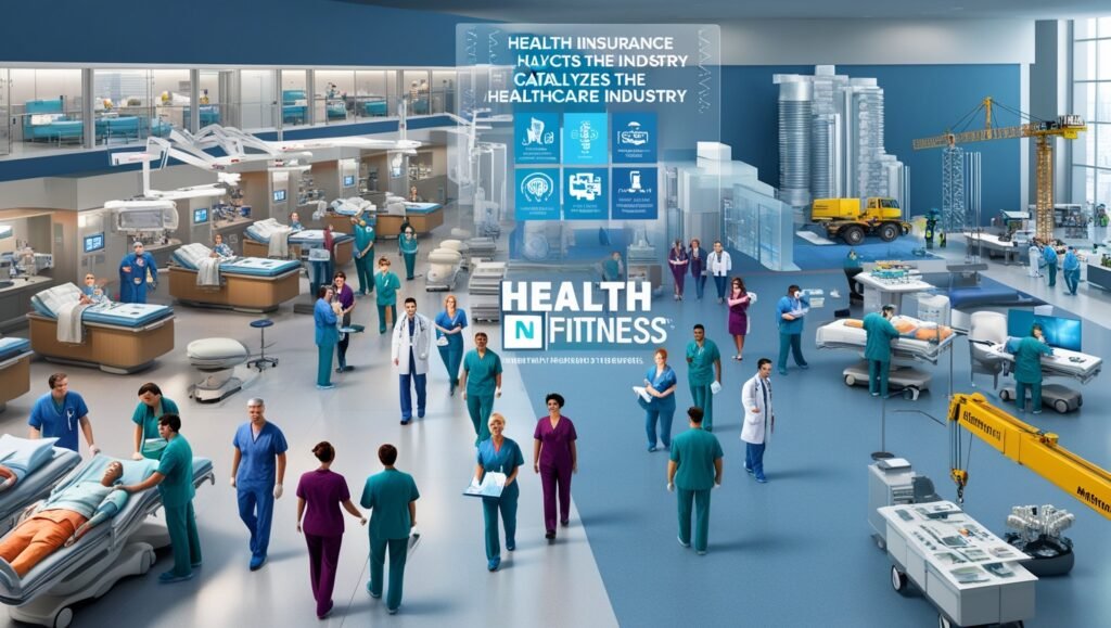 image showing health insurance catalyzing the healthcare industry with advanced hospitals, innovation, and "Health N Fitness" watermark.