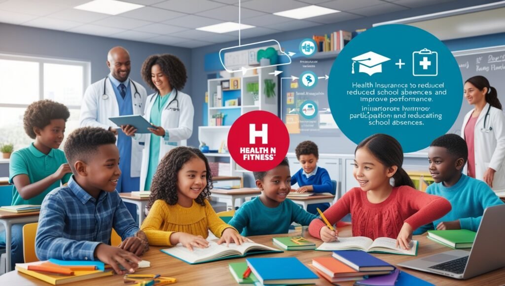 image showing the link between health insurance and education with healthy children in a classroom, family healthcare support, and "Health N Fitness" watermark.