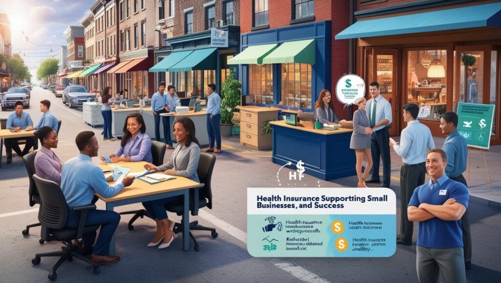 image illustrating how health insurance supports small businesses, featuring collaborative employees, thriving shops, and "Health N Fitness" watermark.