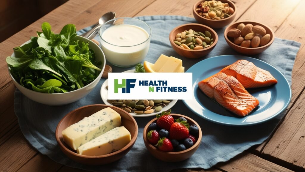 Real-life depiction of a balanced diet for back health with leafy greens, salmon, dairy products, nuts, seeds, and berries, emphasizing non-surgical back pain relief methods. Watermark: Health N Fitness.