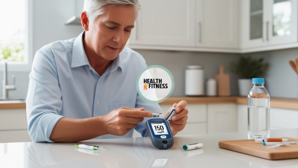 image of a diabetic patient using a blood glucose meter, illustrating COX2 Inhibitors and Type 2 Diabetes management. Watermark: Health N Fitness.