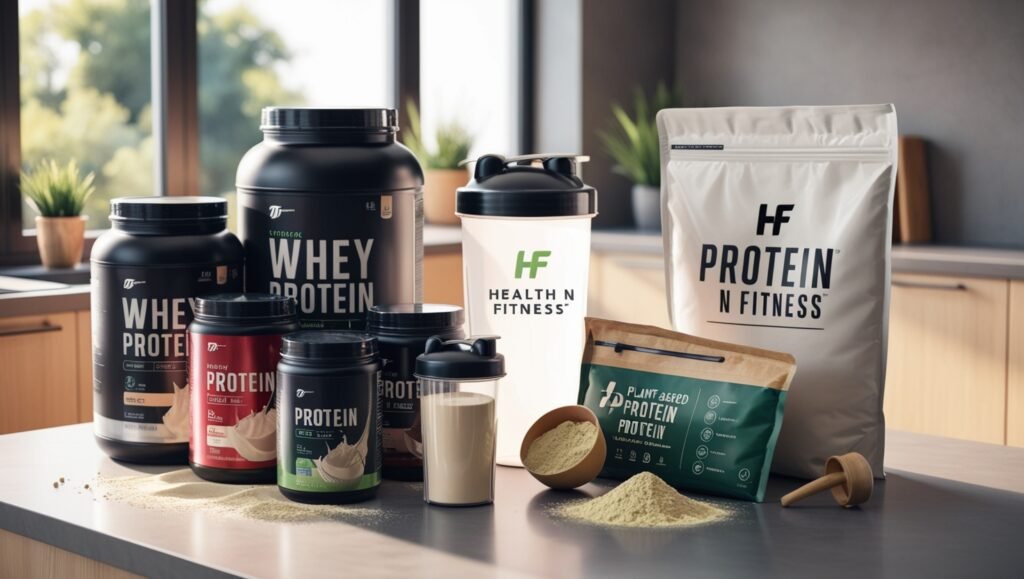 Sports Supplements for Female Footballers: Protein powders, shaker bottle, and scoop on a kitchen countertop, watermarked 'Health N Fitness'.