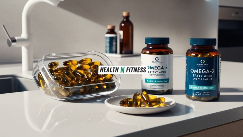 Omega-3 fatty acid supplements for female footballers: fish oil capsules, algae-based bottles, and a dish of capsules on a countertop, watermarked "Health N Fitness.