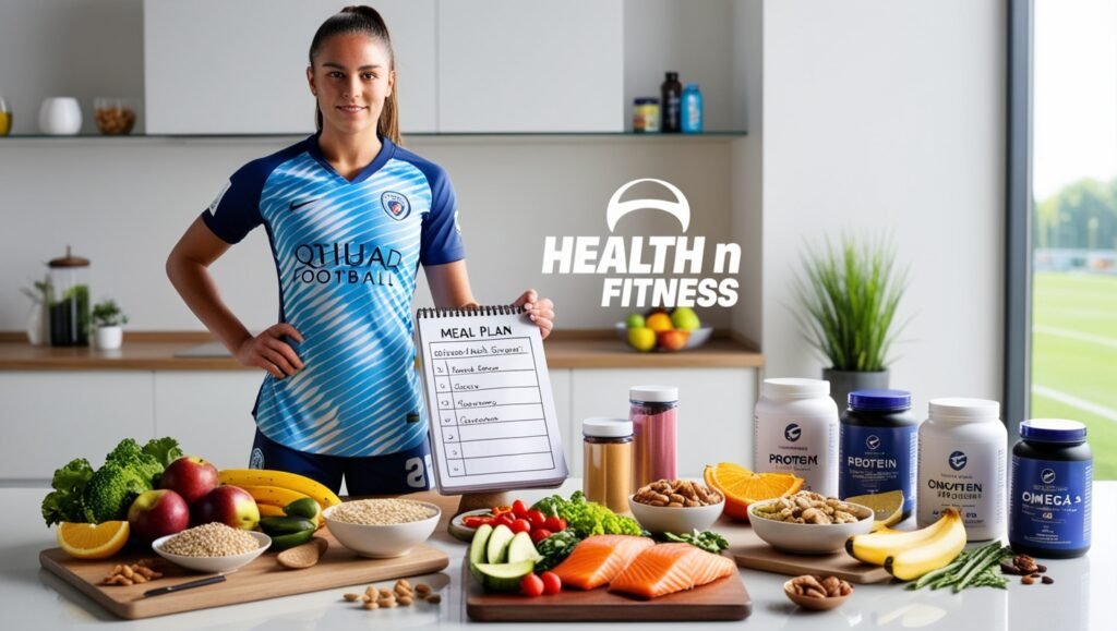 Balanced nutrition for female footballers: whole grains, fruits, vegetables, lean proteins, supplements, and a meal plan on a kitchen table, watermarked "Health N Fitness.