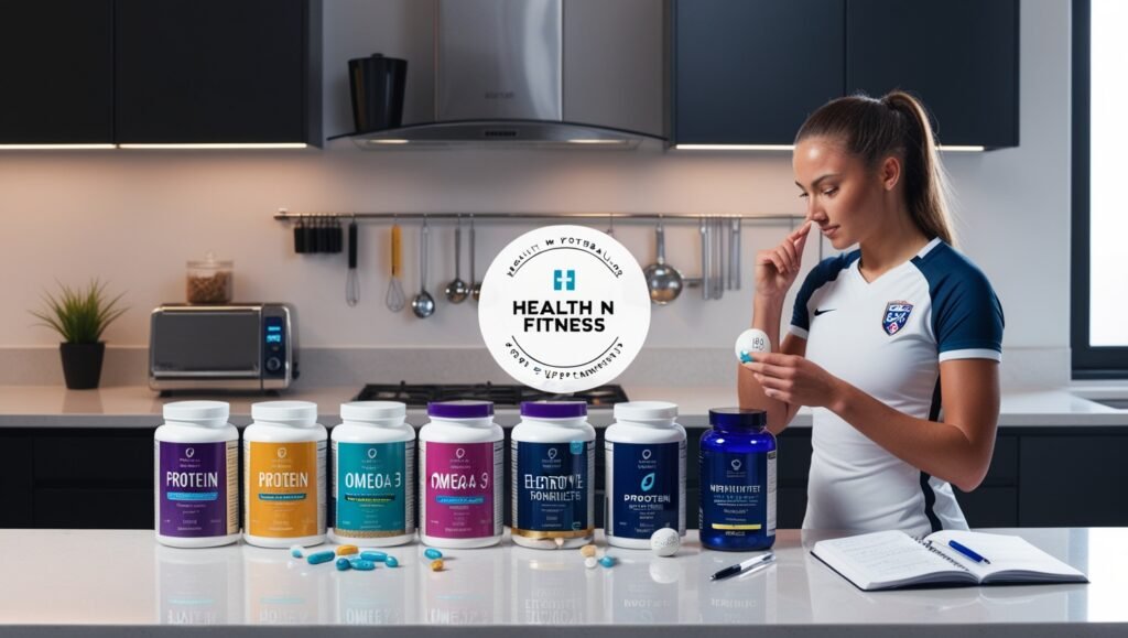 Female footballer in kit examining supplements with certifications on a countertop, including protein powders and vitamins, watermarked "Health N Fitness.