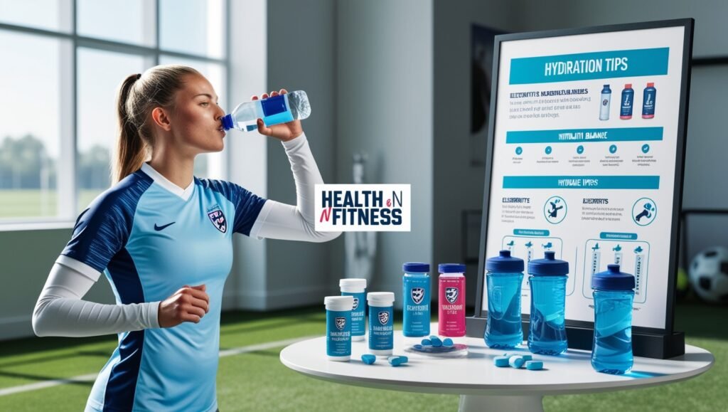 Female footballer in kit drinking water, with electrolyte drinks, tablets, and hydration tips chart nearby, watermarked "Health N Fitness.