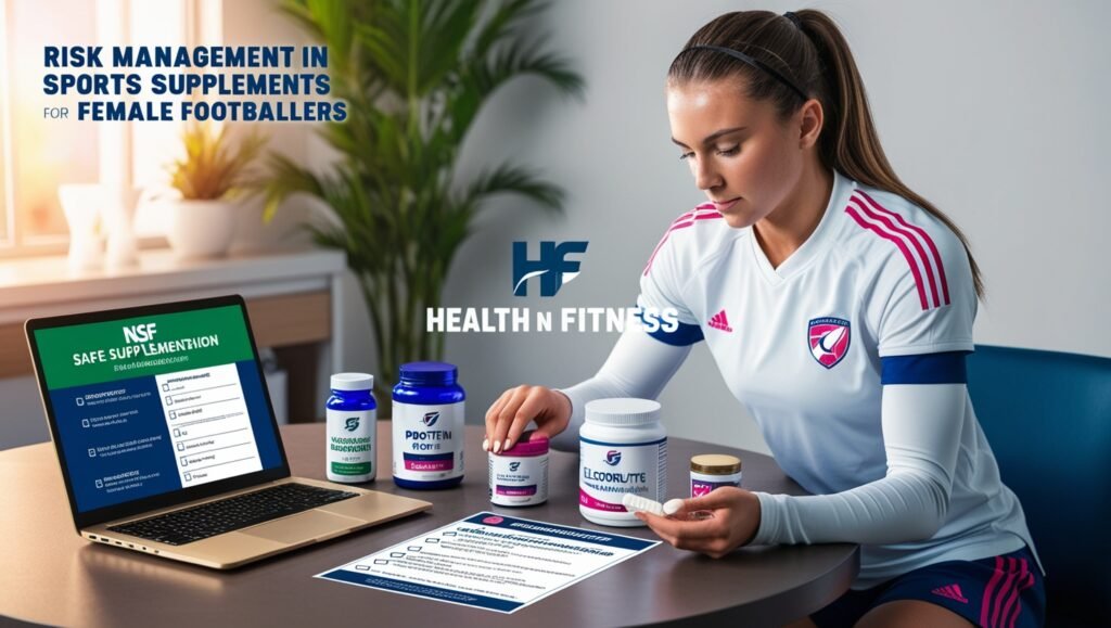 Female footballer in kit reading a supplement label, with a table displaying supplements, a checklist, and a certification site, watermarked "Health N Fitness.