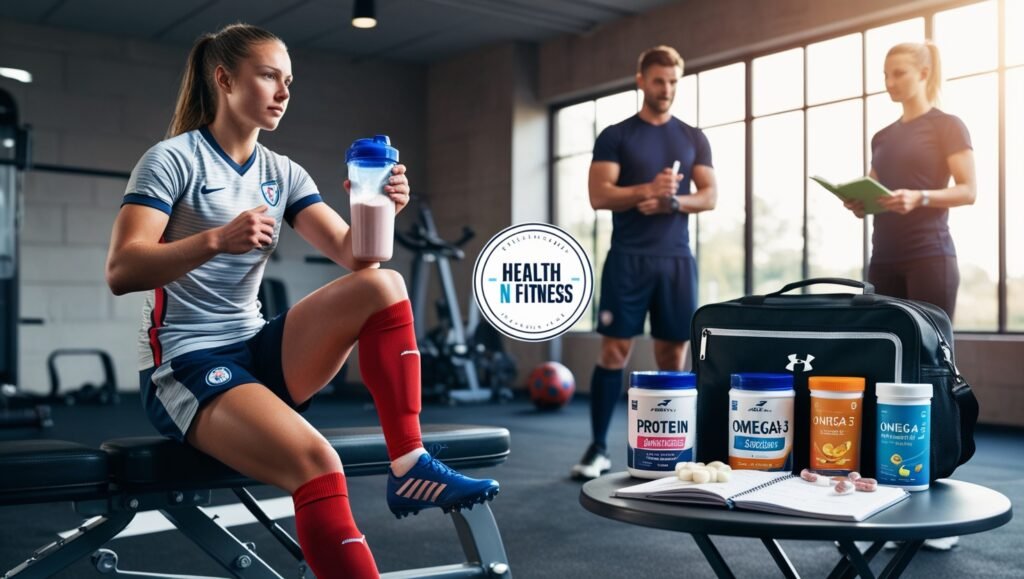 Female footballer in kit with supplements and training schedule in a gym, holding a shaker bottle, watermarked "Health N Fitness.