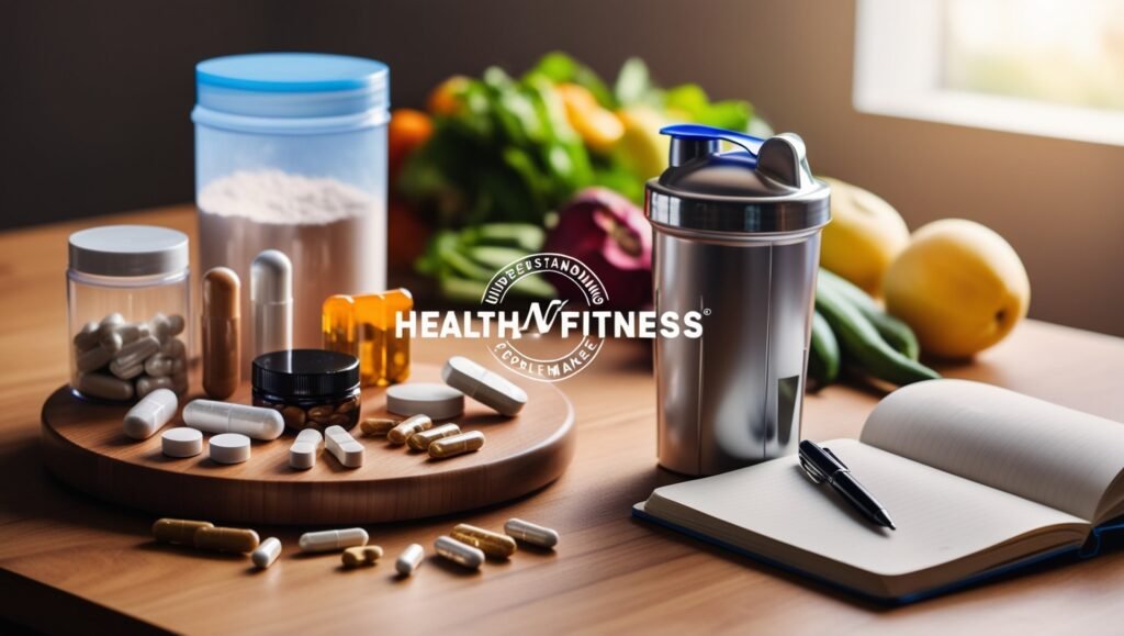 image of dietary supplements including tablets, capsules, powders, and a protein shaker, placed on a wooden table with fruits and vegetables in the background, emphasizing understanding dietary supplements for athletic performance. 