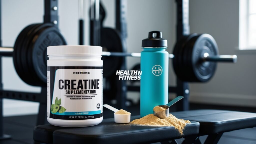 image of a creatine supplement container with a scoop on a gym bench, alongside a water bottle. Barbell and weight plates are blurred in the background, emphasizing creatine's role in athletic performance.