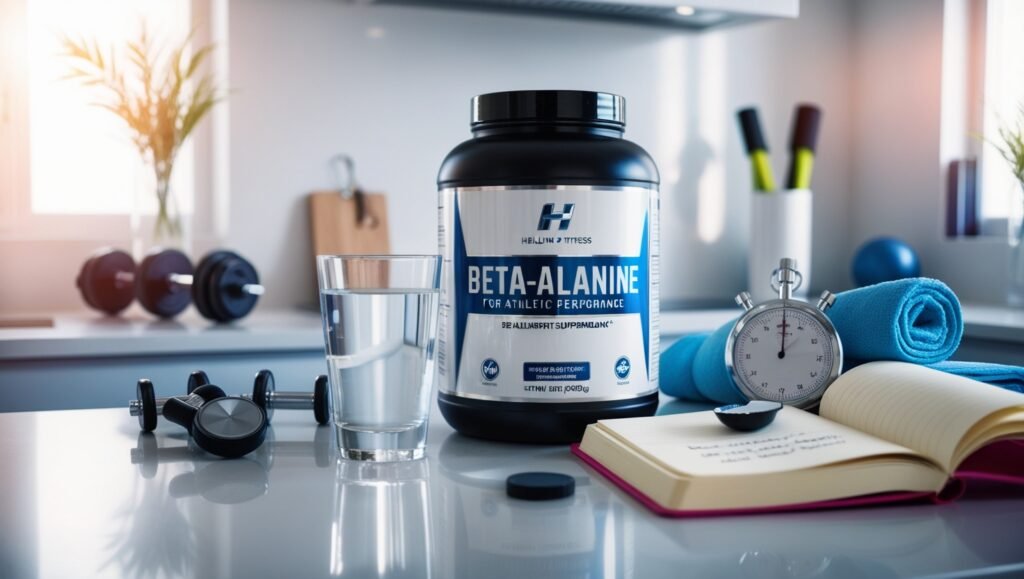 image of beta-alanine supplements, featuring a container with a scoop on a countertop, alongside a glass of water, a gym towel, a stopwatch, and a workout notebook.