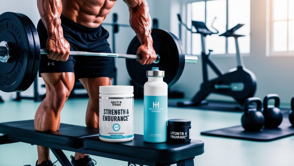 image of a muscular athlete gripping a barbell during a workout, symbolizing improved strength and endurance. Nearby, a bench holds a water bottle and supplements labeled for strength. Gym equipment is blurred in the background