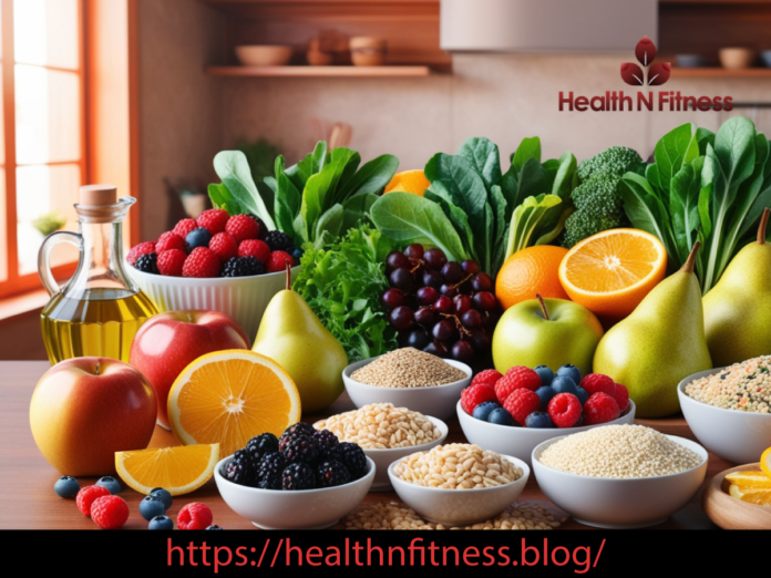 Type 2 Diabetes featured image showing, A kitchen table filled with an assortment of healthy foods including fruits, vegetables, grains, and a plate of mixed greens, eggs, and tomatoes.