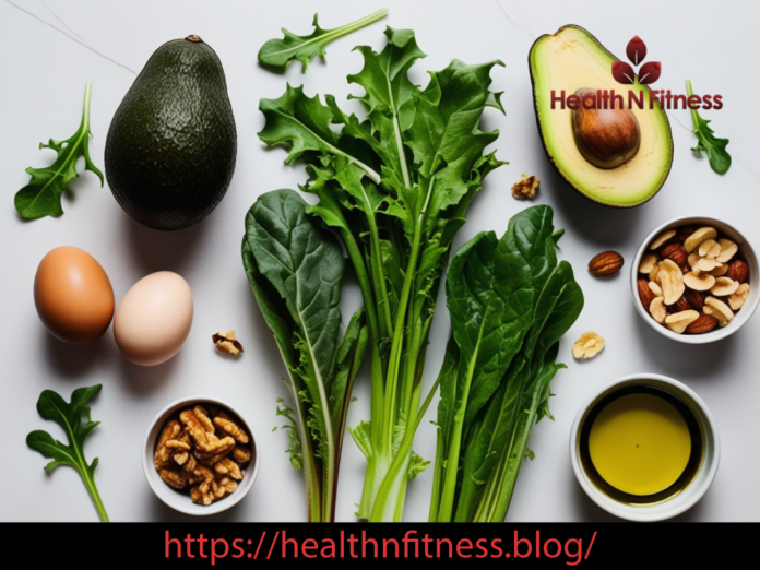 Featured Images of starting keto diet shows, Top view of keto-friendly foods including eggs, avocado, leafy greens, nuts, and olive oil on a light background.