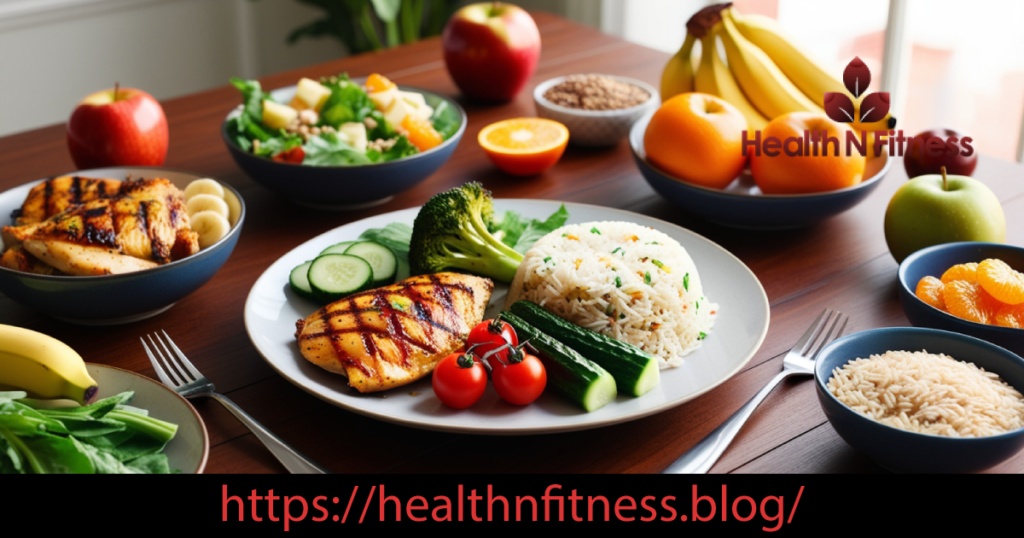 A table set with a balanced meal of grilled chicken, rice, vegetables, and various bowls of fruits and grains, for type 2 diabetes.