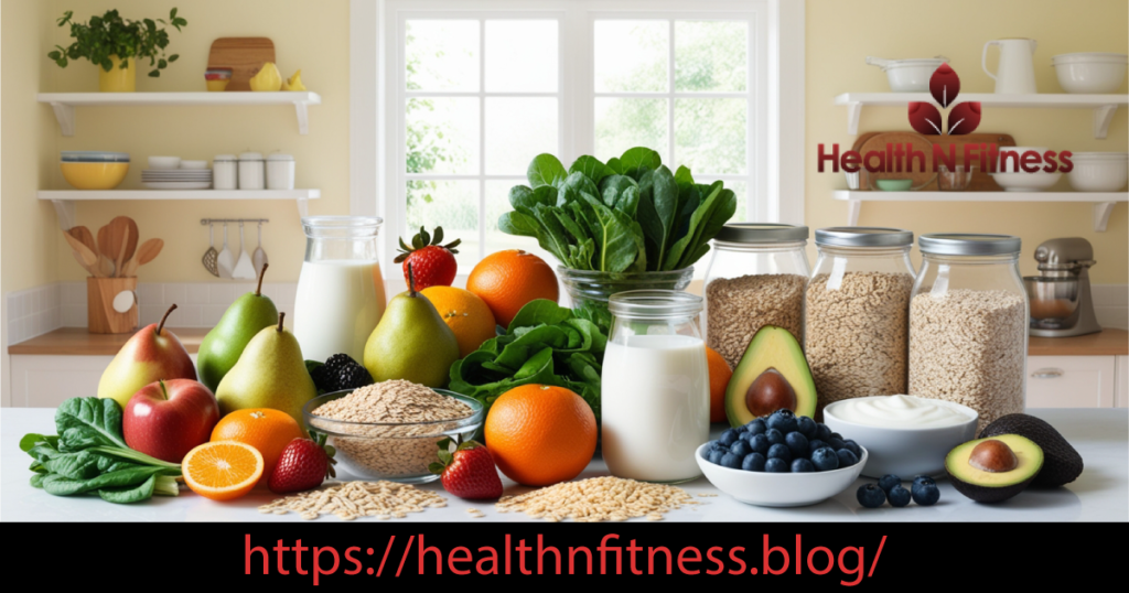 Image of Diet for type 2 diabetes showing, A kitchen table filled with healthy foods including vegetables, fruits, grains, and dairy products, with a bright kitchen background.