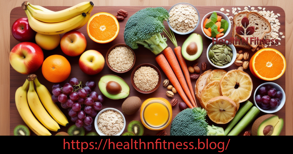 Health performance blog image showing an assortment of fruits, vegetables, nuts, and grains displayed on a wooden table, emphasizing healthy and nutritious food choices.