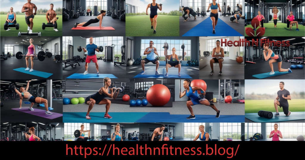 A dynamic collage of people performing various exercises and workouts in a fitness setting, showcasing activities like weightlifting, running, and stretching for Health performance