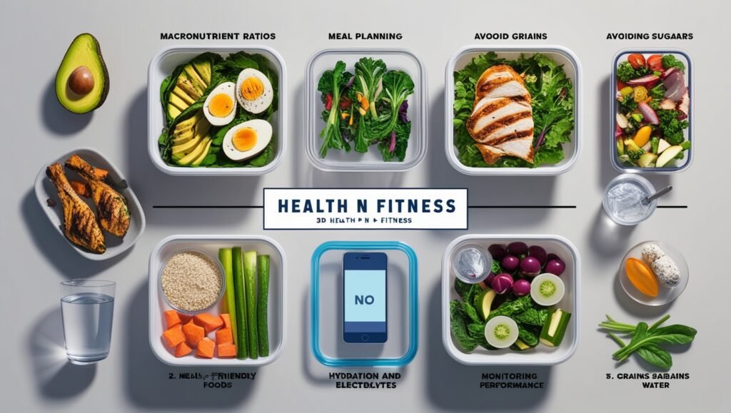 "Starting Keto Diet How-To with nutrient ratios, meal planning, food avoidance, hydration, and performance monitoring, watermarked by Health N Fitness.