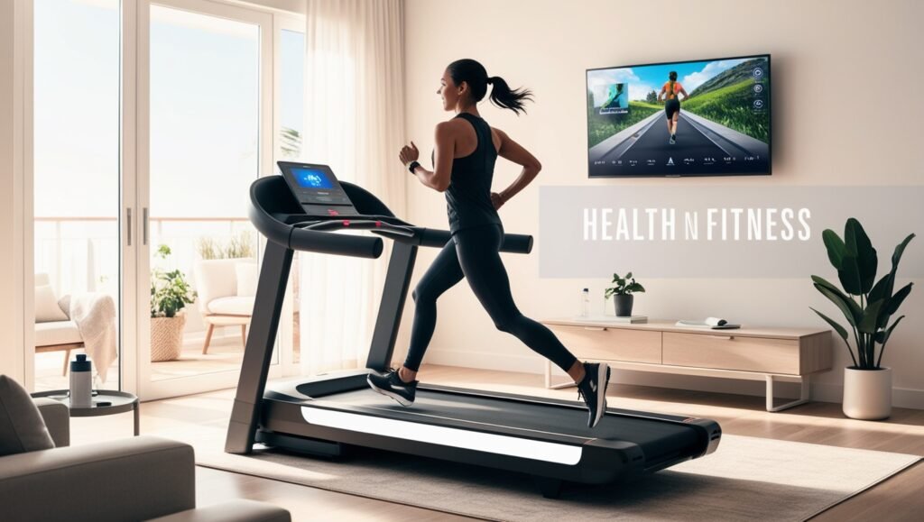 Person jogging on a modern treadmill in a cozy home setting, emphasizing convenience and flexibility, one of the Best Treadmills in 2025 for Home Fitness.