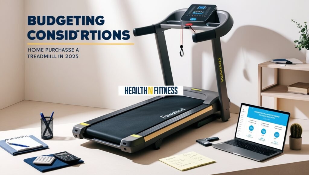 Treadmill with budgeting tools like a calculator and notepad in a home gym, highlighting Budgeting Considerations, one of the Best Treadmills in 2025 for Home Fitness.