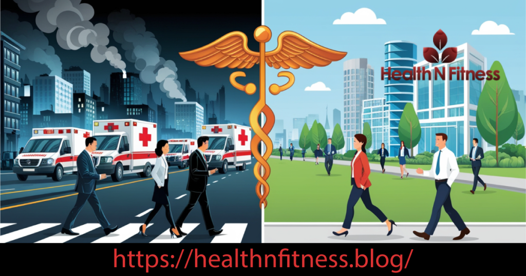 image showing how health insurance boosts economic performance with diverse individuals, thriving economy, and "Health N Fitness" watermark