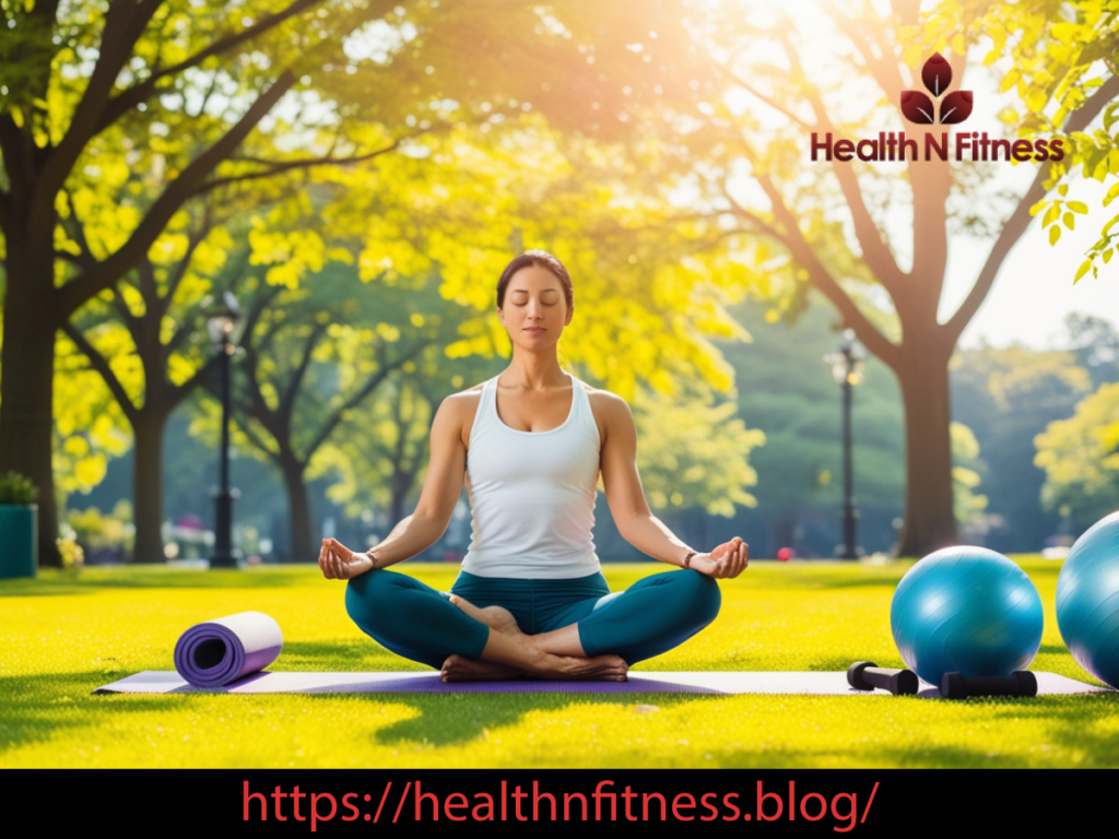 Homepage Image of "Health and Fitness" showing An individual meditating on a yoga mat in a sunlit park surrounded by greenery and fitness equipment, promoting wellness and relaxation.