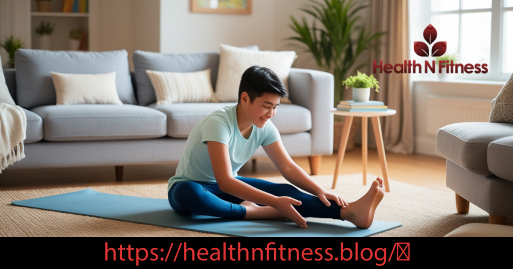 A young person stretching on a yoga mat in a cozy living room, surrounded by soft furnishings and natural light, promoting a wholesome and active lifestyle.