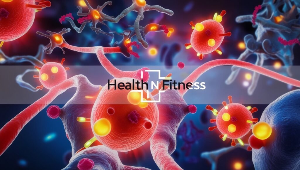 depiction of immunotherapy cancer treatment, showcasing T-cells targeting cancer cells with glowing markers, symbolizing immune system activation. Watermark 'Health N Fitness'