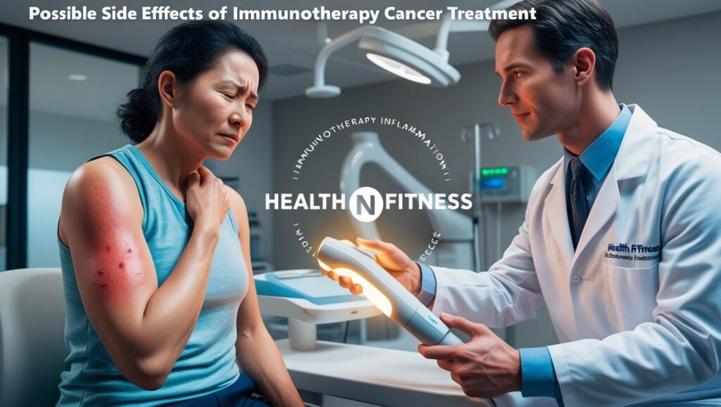 depiction of immunotherapy cancer treatment side effects, showing a patient with flu-like symptoms, skin rash, and a doctor examining organ-specific inflammation.