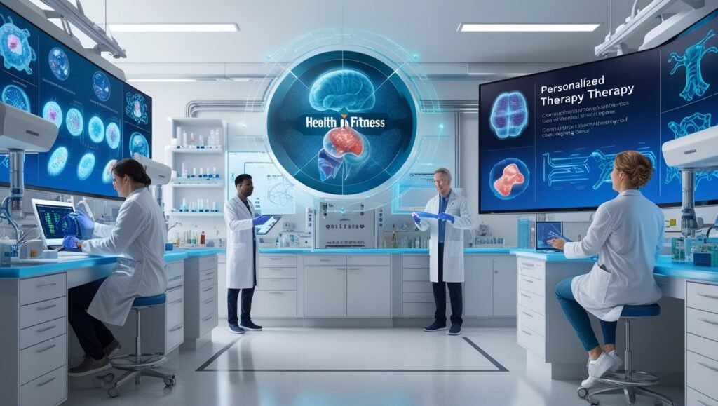 depiction of the future of immunotherapy cancer treatment, showing advanced labs, researchers with AI-driven tools, and a doctor discussing personalized therapies