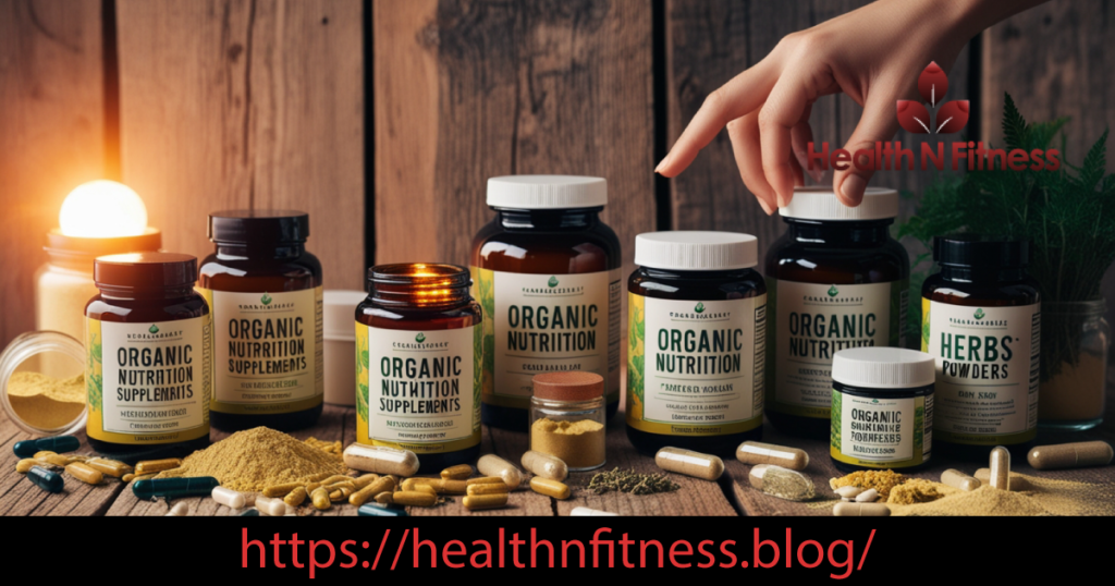 A variety of organic nutritional supplements, herbs, and powders on a wooden surface with a hand reaching for a jar, emphasizing holistic health