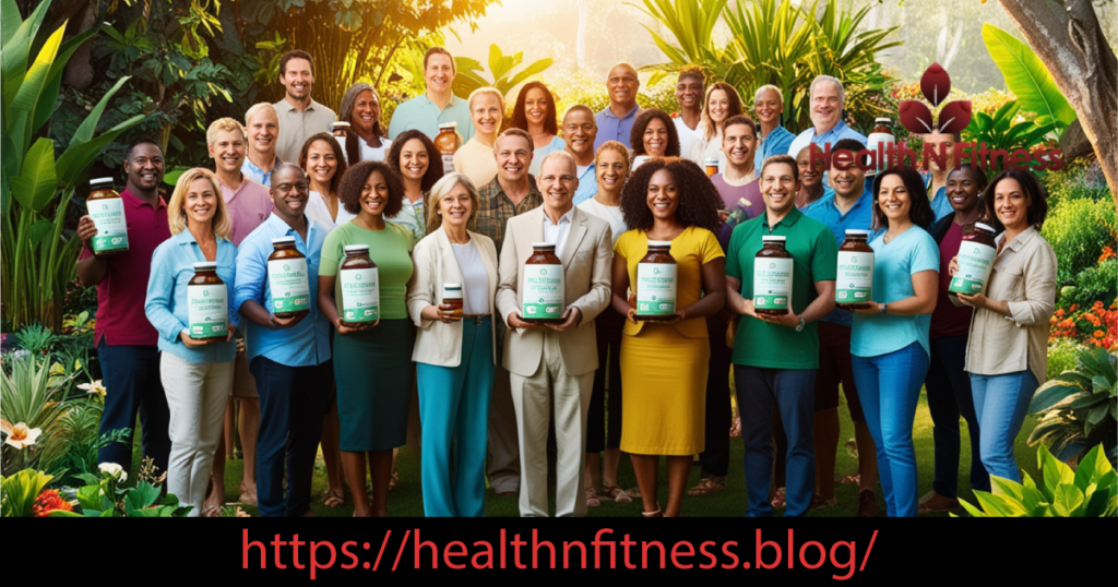 A diverse group of people in a natural outdoor setting, each holding a bottle of organic supplements, symbolizing health and wellness